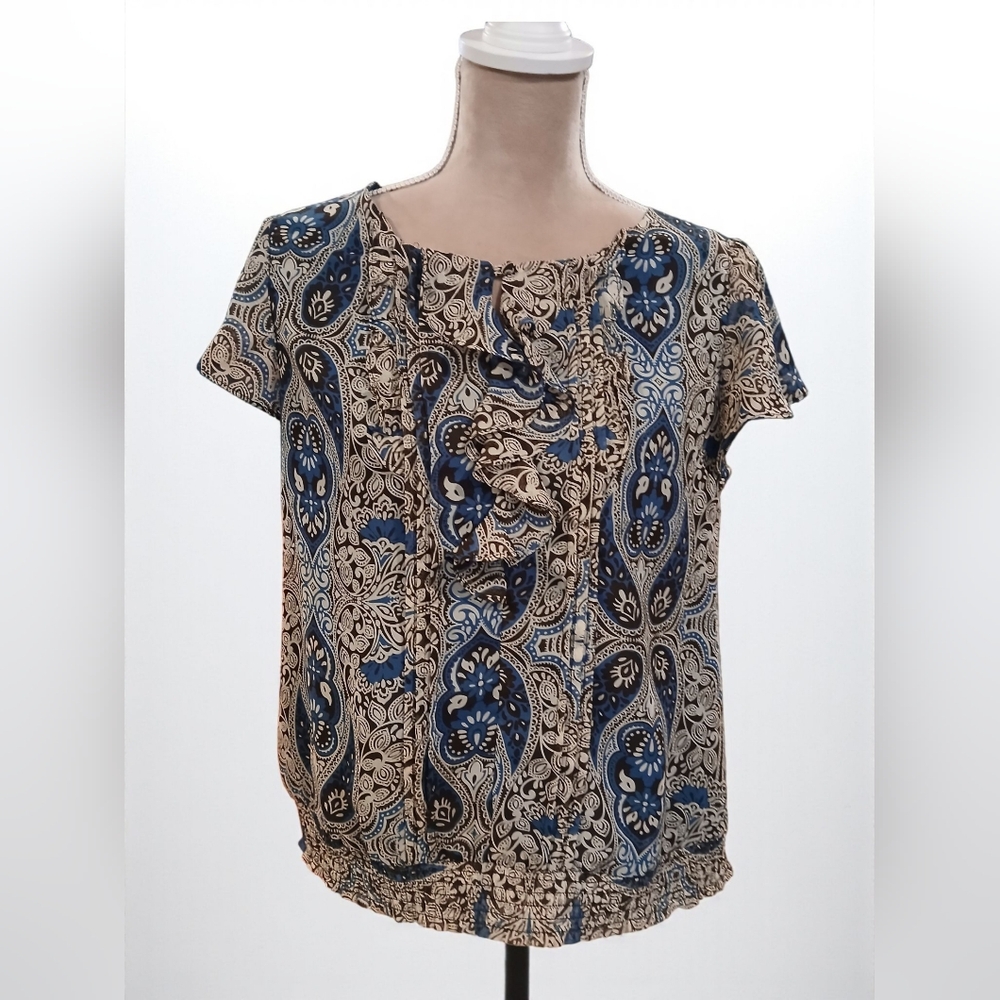 Apt 9 Teal Grey Paisley Ruffle Cap Flutter Sleeves Womans LP Smocked Peasant